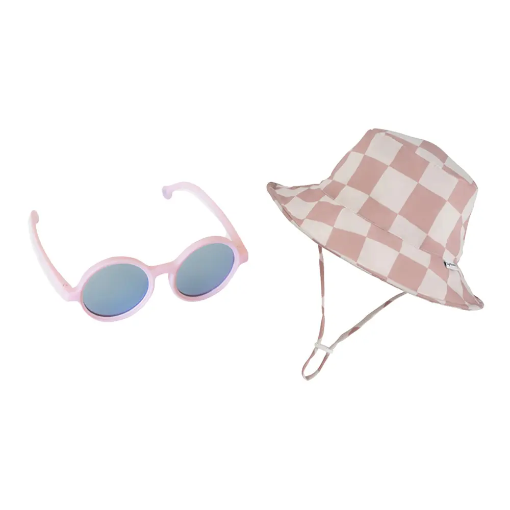 踏青必備小夥伴➤美國 tiny twinkle 外出必備2件組/ 幼兒圓框太陽眼鏡(野粉莓)/ 兒童遮陽帽(莫藍迪粉格紋L)