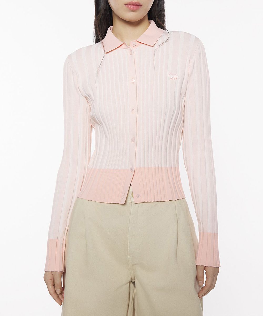 MAISON KITSUNÉ 藕粉色色塊小狐狸LOGO羅紋翻領開襟針織衫/女裝/ S