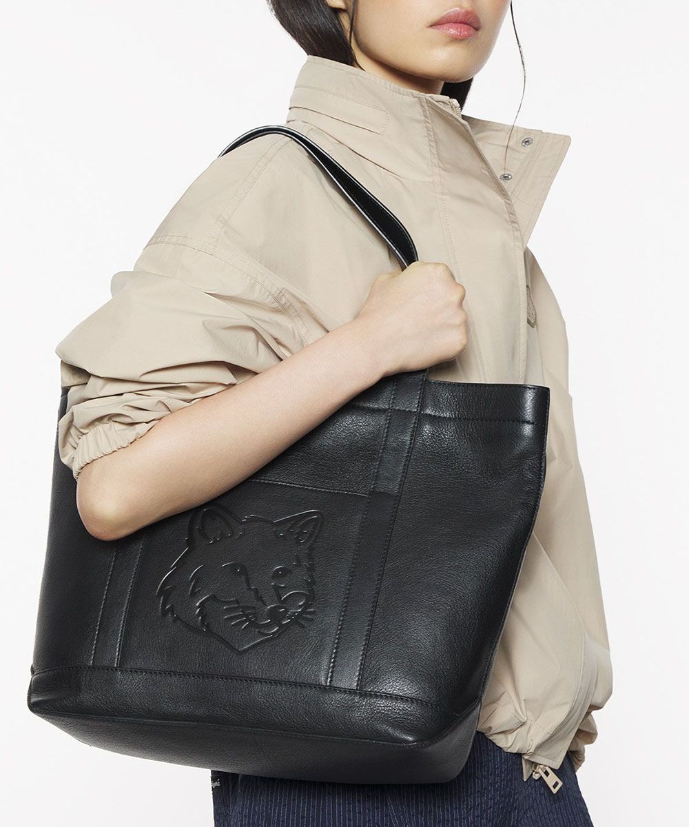 MAISON KITSUNÉ 寧靜黑變化狐狸頭牛皮托特包(中)