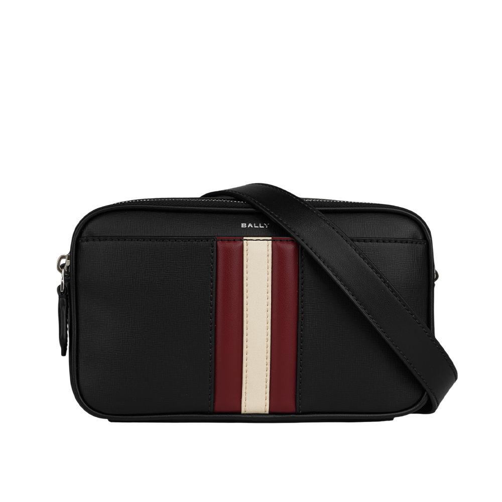 【BALLY】Mythos 紅白條紋再生牛皮拉鍊迷你斜背包(黑色)/ 平行輸入
