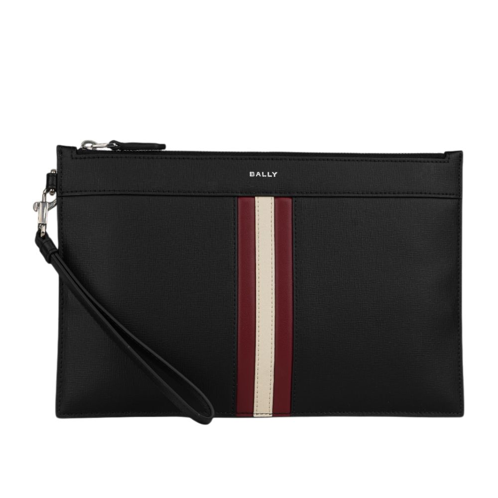 【BALLY】Mythos 再生牛皮紅白條紋附提把手拿包(黑色)/ 平行輸入