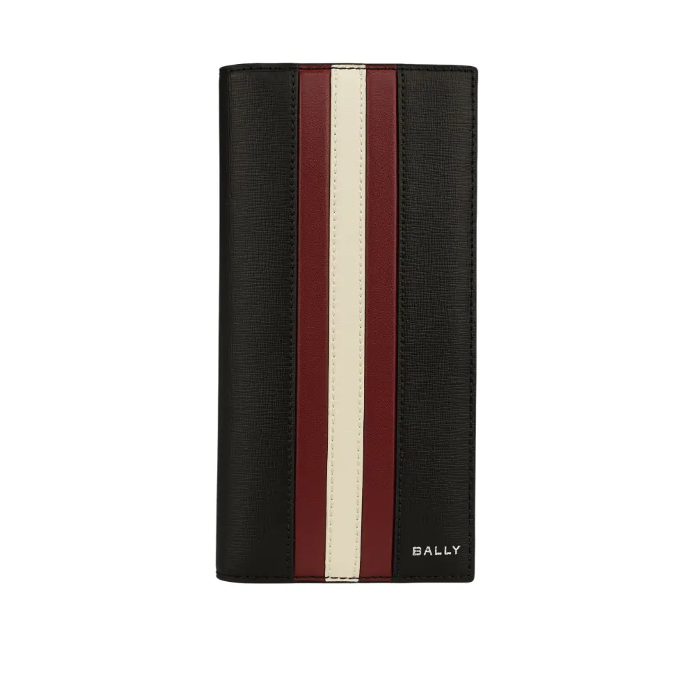 【BALLY】Mythos 紅白條紋再生牛皮對開二折長夾(黑色)/ 平行輸入