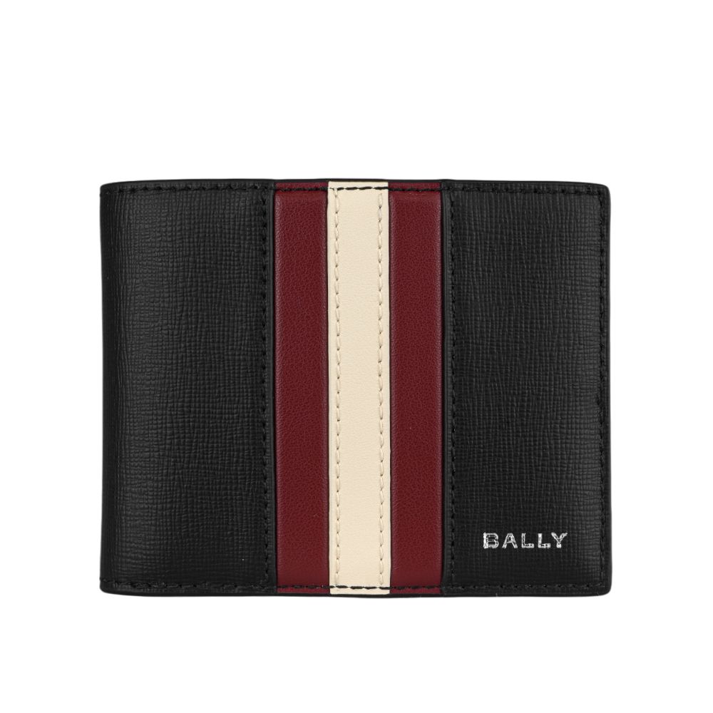 【BALLY】Mythos 紅白條紋再生牛皮對開6卡短夾(黑色)/ 平行輸入