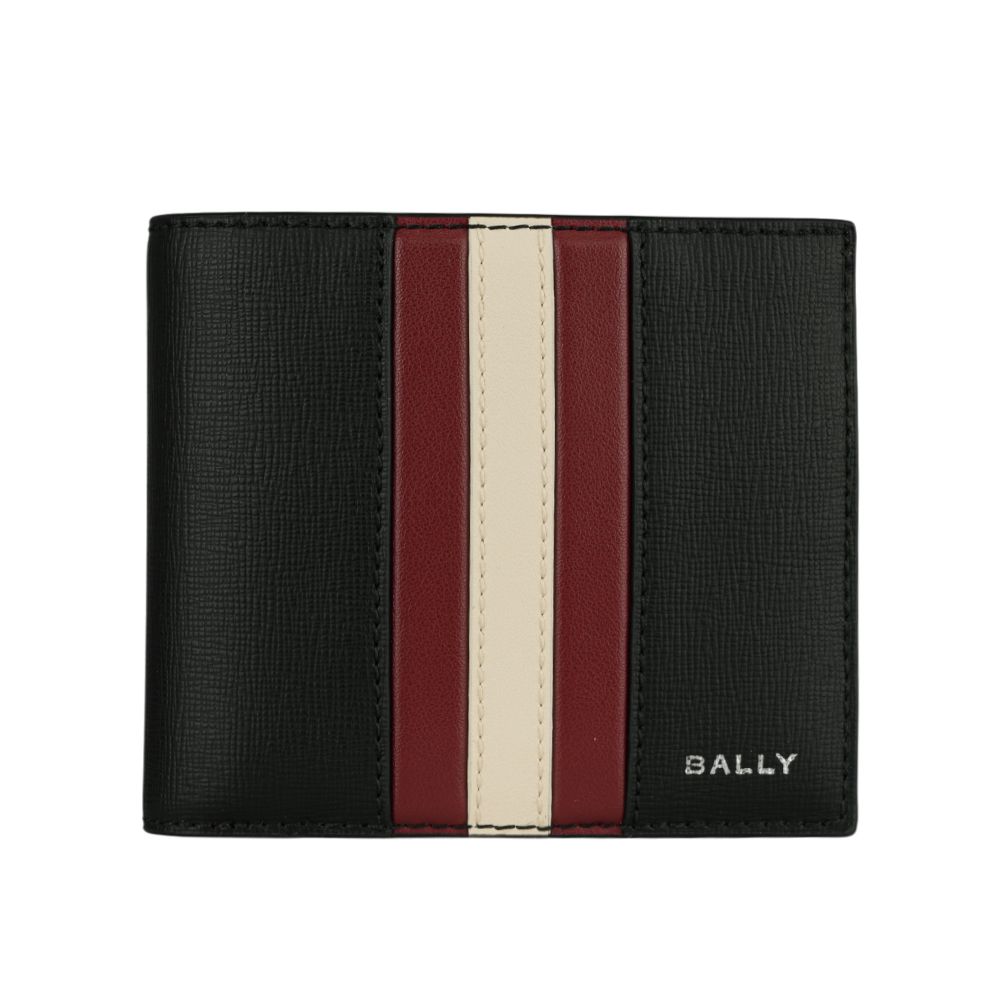 【BALLY】Mythos 紅白條紋再生牛皮對開8卡短夾(黑色)/ 平行輸入