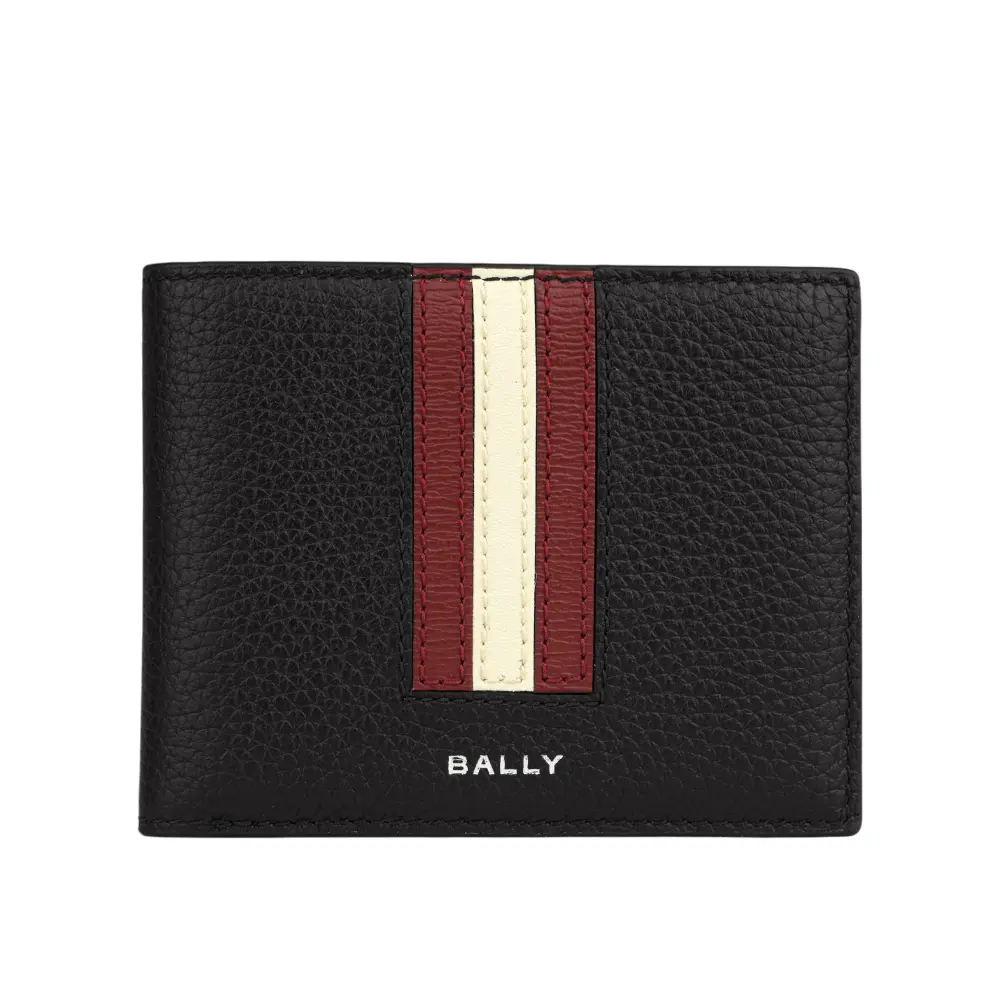 【BALLY】Ribbon 紅白條紋牛皮對開證件照短夾(黑色)/ 平行輸入