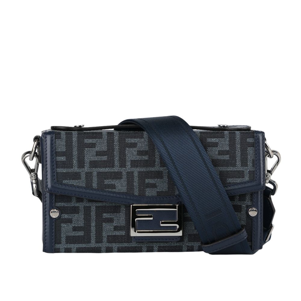 【FENDI】Soft Trunk FF Logo 緹花拼皮革二用包(牛仔藍)/ 平行輸入