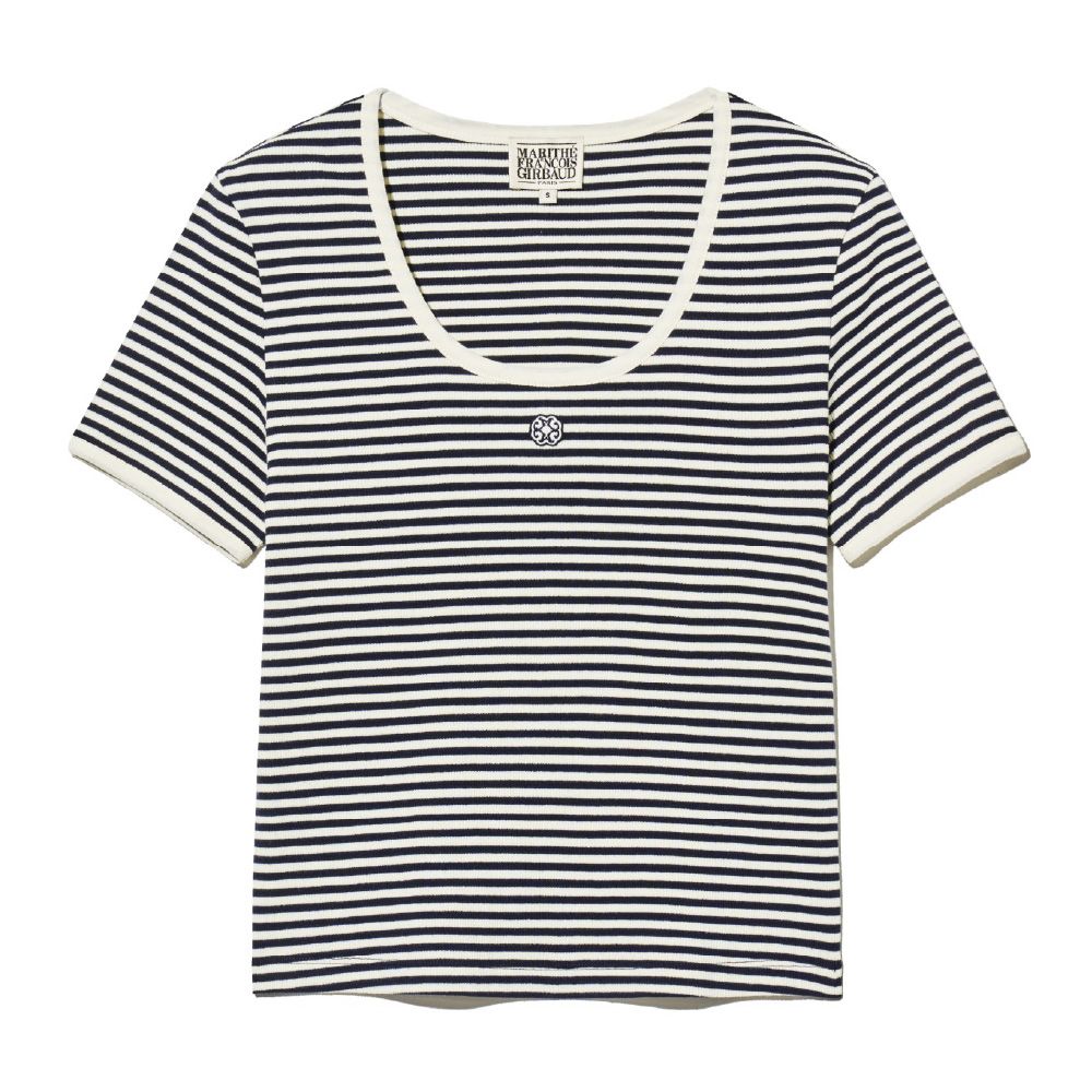MARITHÉ FRANÇOIS GIRBAUD/ W DEEP NECK RINGER TEE 女款 深U領滾邊修身T恤 深藍條紋navy/ S