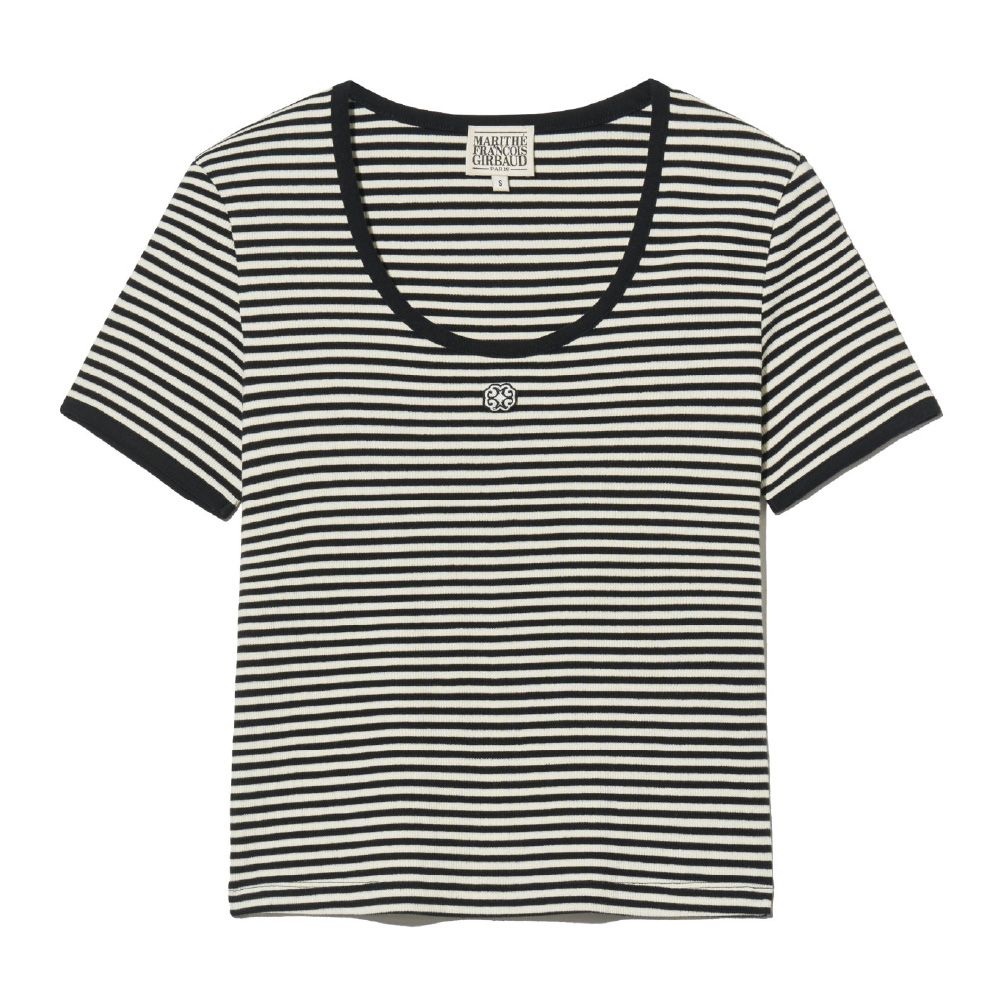 MARITHÉ FRANÇOIS GIRBAUD/ W DEEP NECK RINGER TEE 女款 深U領滾邊修身T恤 黑色條紋black/ M