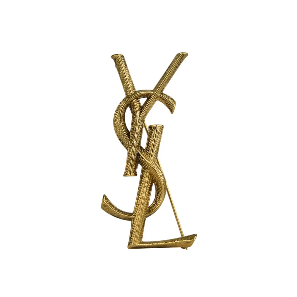 【YSL】Cassandre Logo 標誌蛇紋仿舊胸針(古銅金)/ 平行輸入