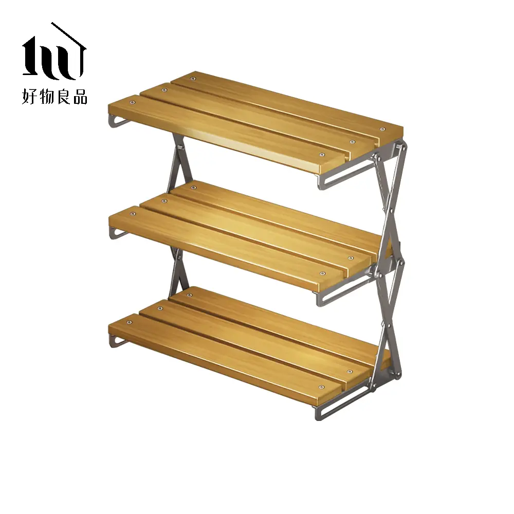 【好物良品】小款三層_竹木可變形折疊置物架野餐桌露營架/ 30cm三層/ 淺棕色