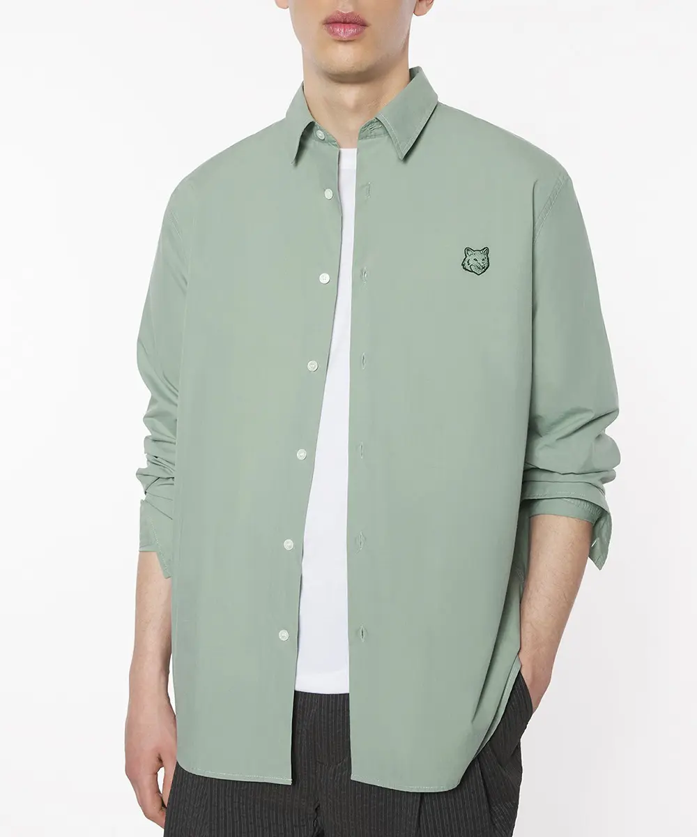 MAISON KITSUNÉ 灰綠色變化狐狸頭LOGO寬鬆襯衫/男裝/ L