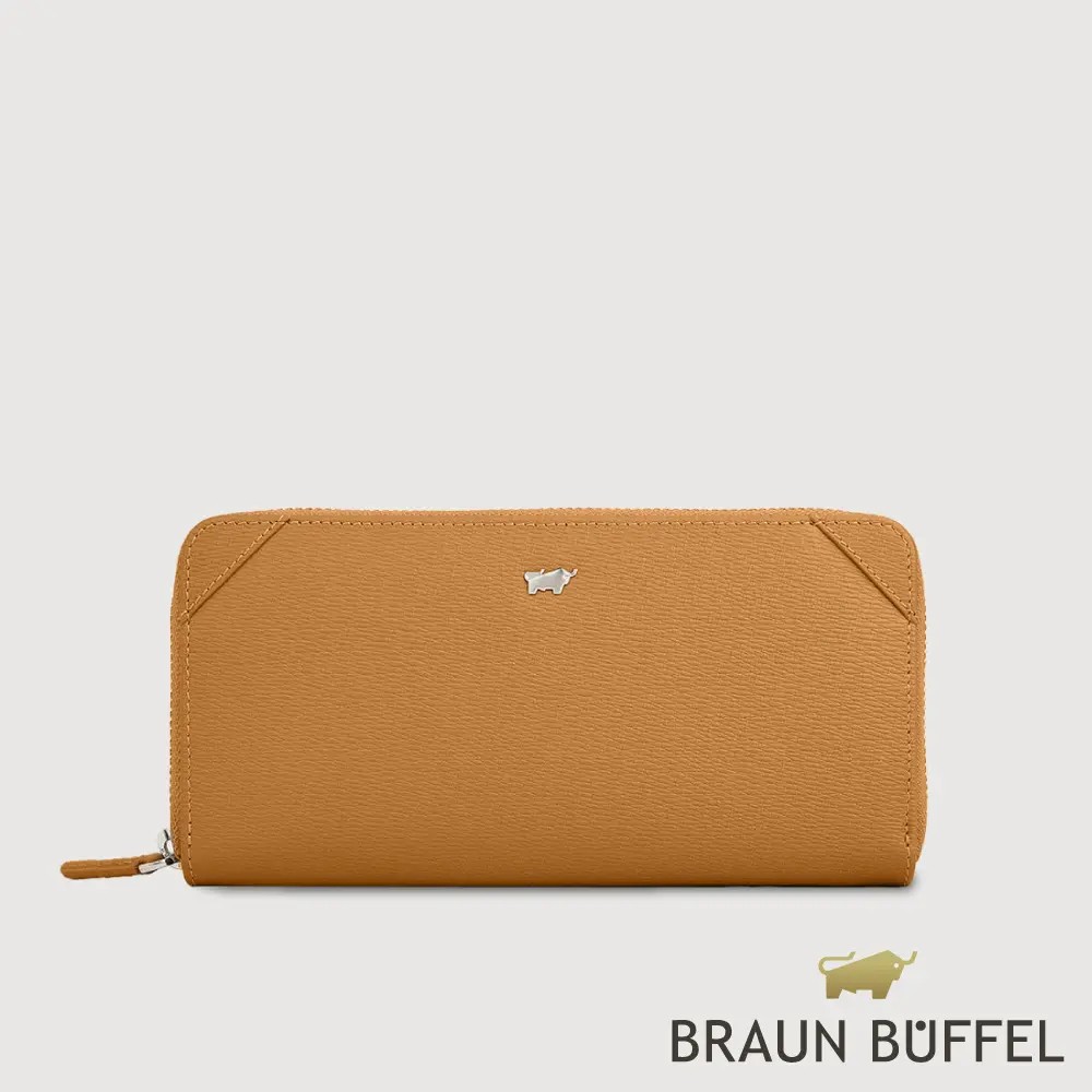 【BRAUN BUFFEL 德國小金牛】台灣總代理 斯萊特-A 8卡拉鍊長夾-淺棕色/BF565-601-CS