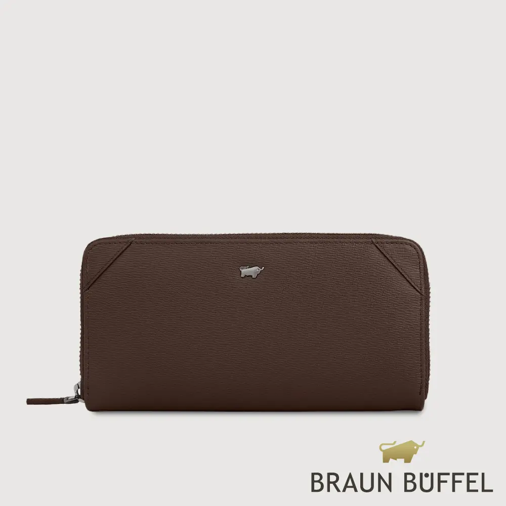 【BRAUN BUFFEL 德國小金牛】台灣總代理 斯萊特-A 8卡拉鍊長夾-培土棕/BF565-601-POS