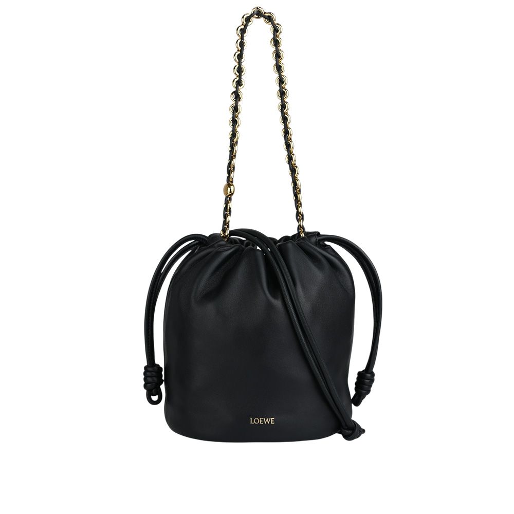 【LOEWE】Flamenco 納帕小羊皮鏈帶抽繩水桶造型二用包(黑色)/ 平行輸入