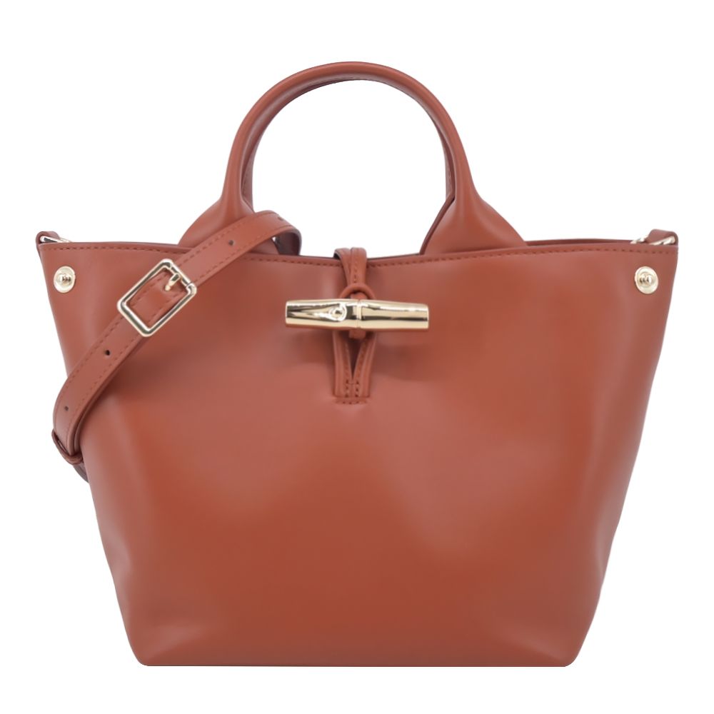 LONGCHAMP LE ROSEAU系列金屬竹節滑面小牛皮手提/斜背兩用包(小/樹皮紅)/平行輸入
