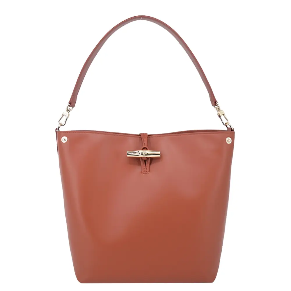 LONGCHAMP LE ROSEAU系列金屬竹節滑面小牛皮半月形單肩包(中/樹皮紅)/平行輸入
