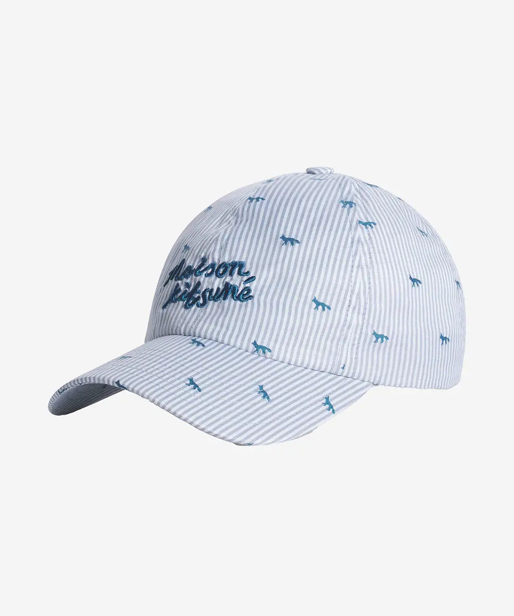 MAISON KITSUNÉ 鋅藍灰暗影狐狸條紋六分割棒球帽