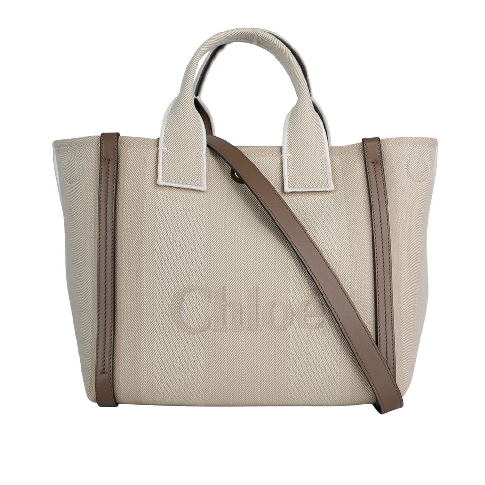 【CHLOE'】Carry 刺繡標誌帆布小款手提/斜背二用托特包(米色)/ 平行輸入