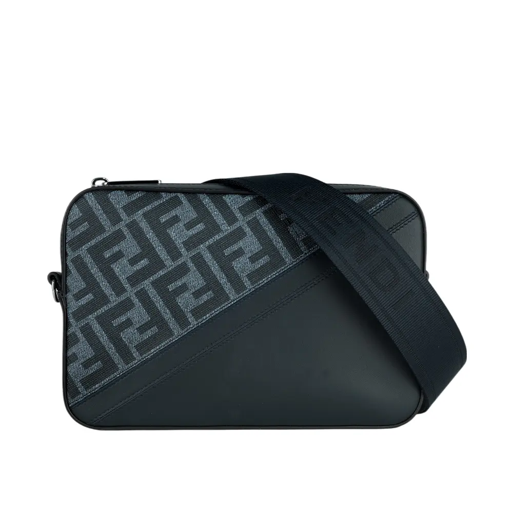 【FENDI】FF Logo 帆布拼牛皮相機斜背包(牛仔藍)/ 平行輸入