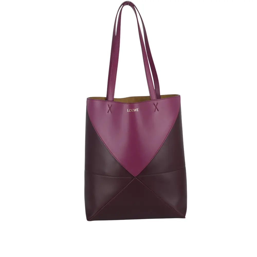 【LOEWE】Puzzle 亮面小牛皮雙色摺疊托特包(緋紅/酒紅色)/ 平行輸入