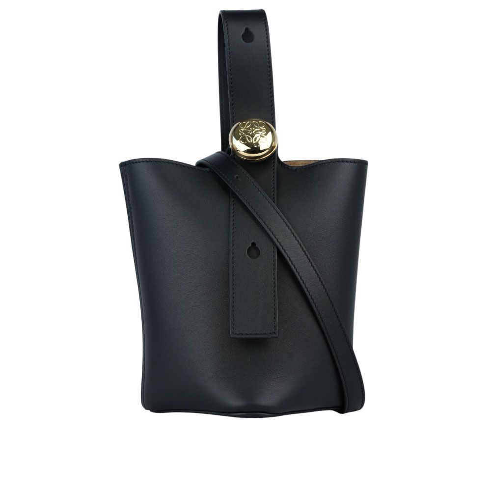【LOEWE】Anagram 圓釦光滑小牛皮迷你二用包/水桶包(黑色)/ 平行輸入