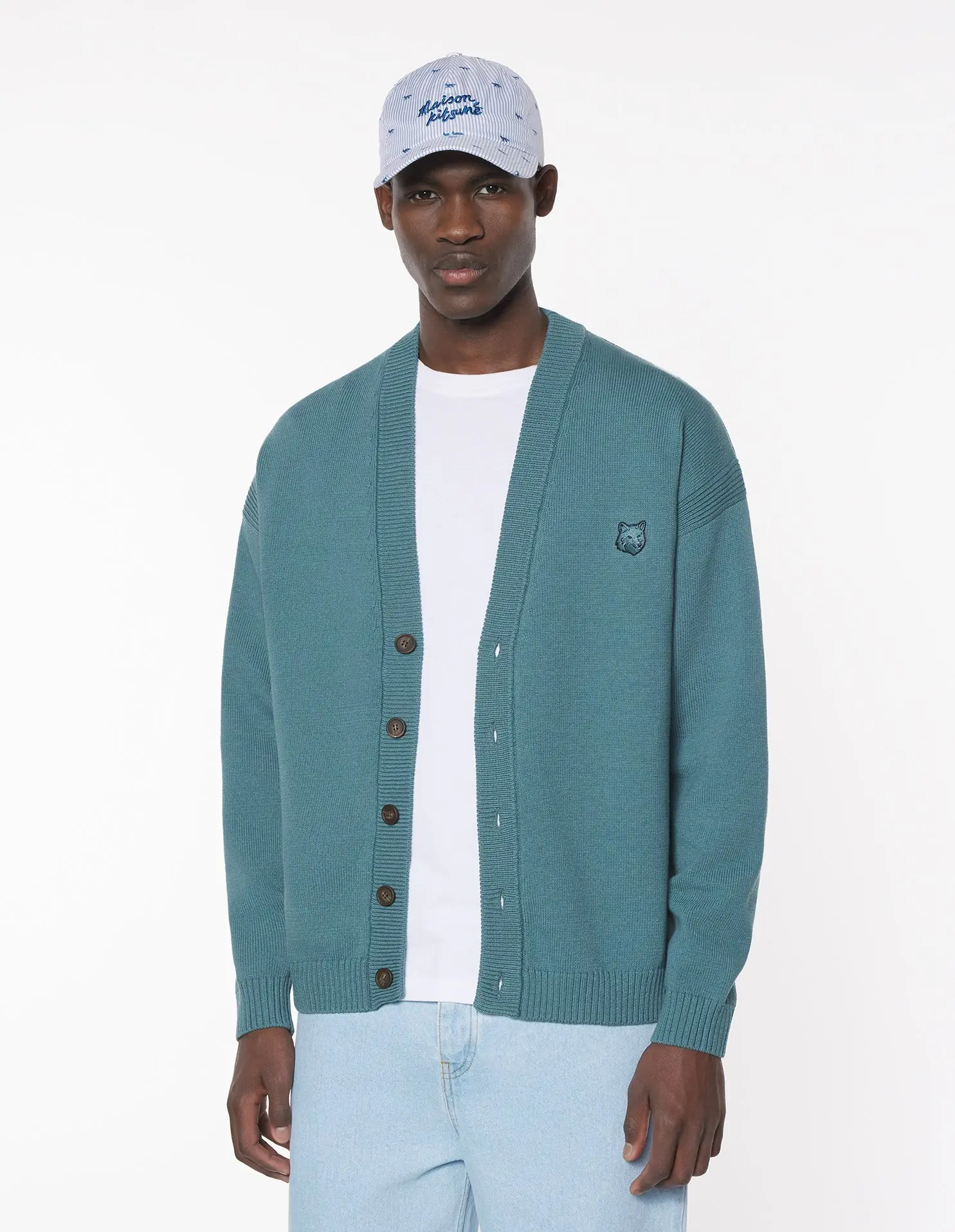 MAISON KITSUNÉ 港灣藍變化狐狸頭LOGO經典開襟針織衫_男/中性/ M