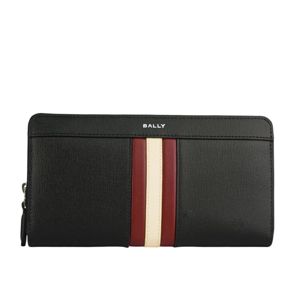 【BALLY】Mythos 紅白條紋再生牛皮ㄇ形拉鍊長夾(黑色)/ 平行輸入