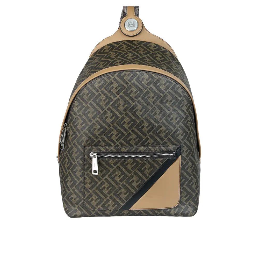 【FENDI】Diagonal 對角設計帆布及皮革中型拉鍊後背包(棕色)/ 平行輸入