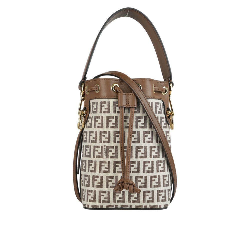 【FENDI】MON TRESOR FF LOGO 滿版標誌布質二用迷你水桶包(棕色)/ 平行輸入