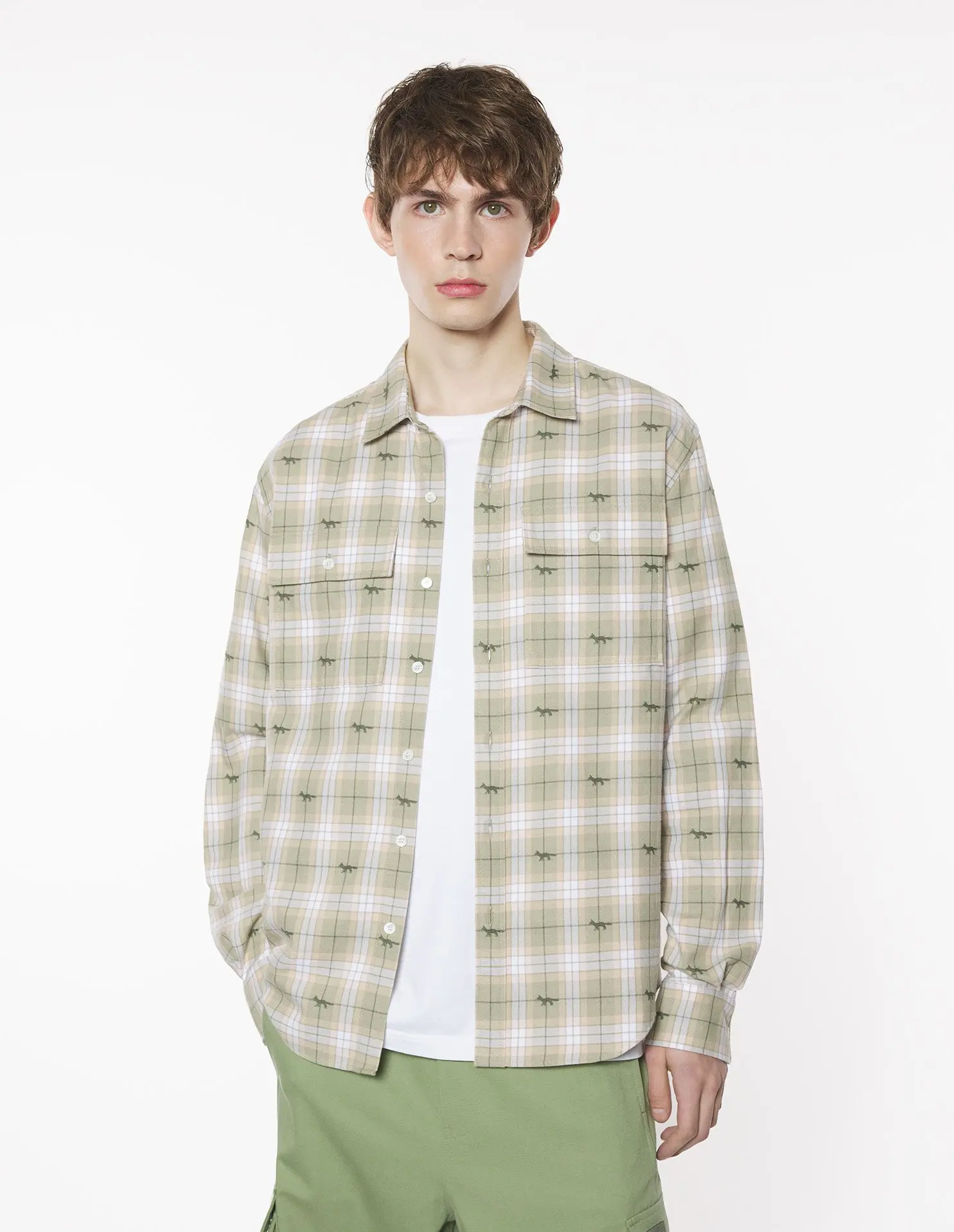 累折無上限➤MAISON KITSUNÉ 牧草綠暗影狐狸變化格紋寬鬆襯衫