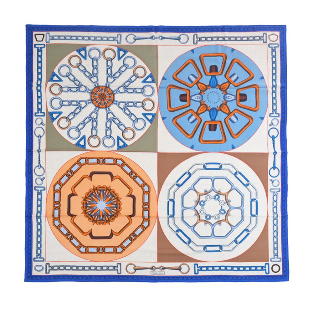 Hermes 愛馬仕 Effet Kaleidoscope 140 手工捲邊喀什米爾與真絲混紡方巾(自然/電藍/橘)/平行輸入