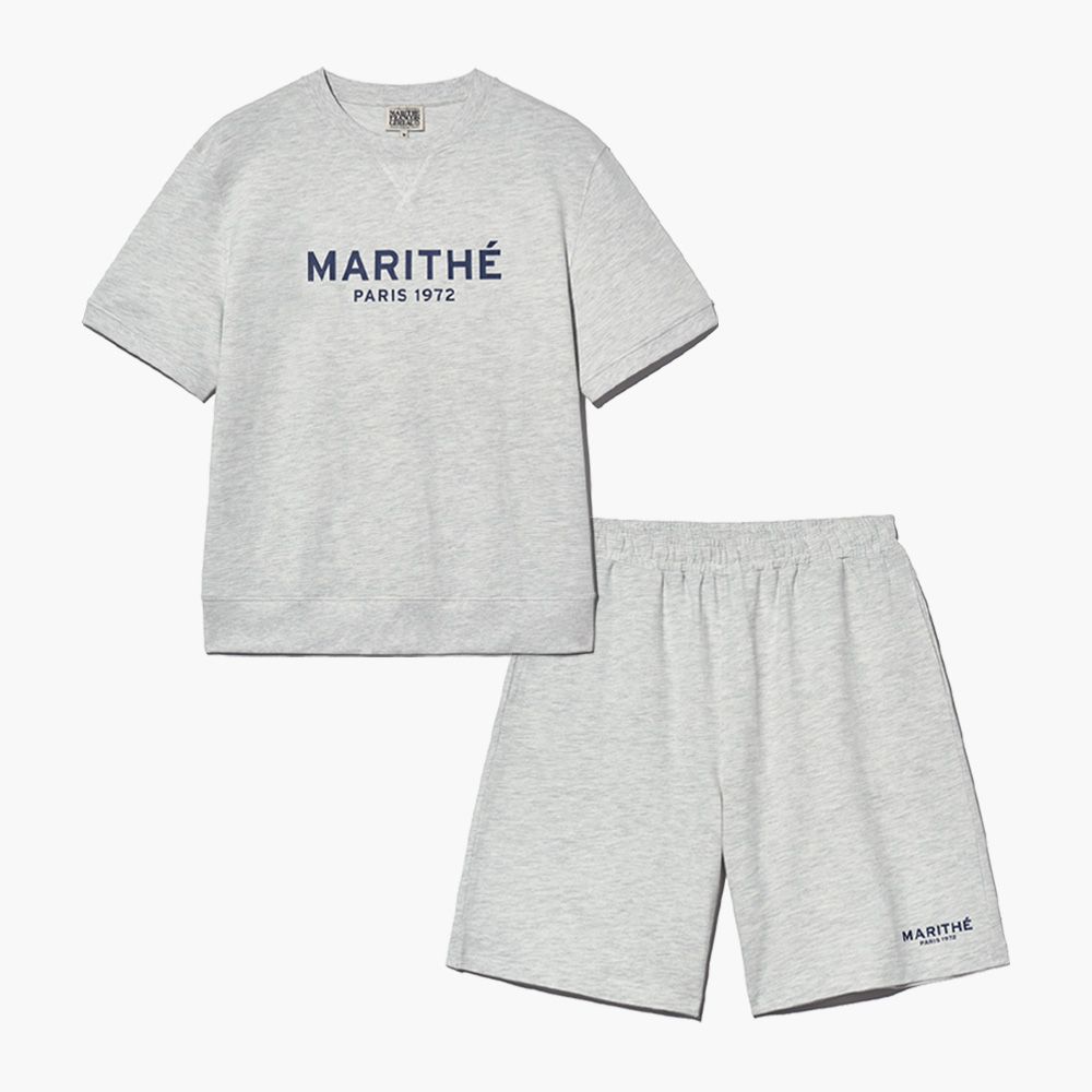 MARITHÉ FRANÇOIS GIRBAUD/ REGULAR LOGO HALF SET-UP 中性款 短袖上衣+短褲套裝 淺麻灰light heather gray/ M