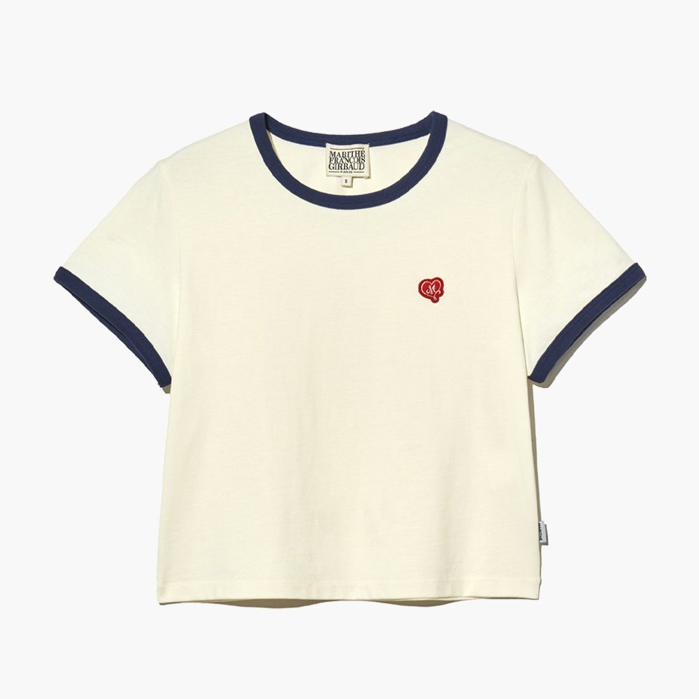 MARITHÉ FRANÇOIS GIRBAUD/ W HEART WAPPEN CROP RINGER TEE 女款 愛心繡標配色短版T恤 象牙白ivory/ M