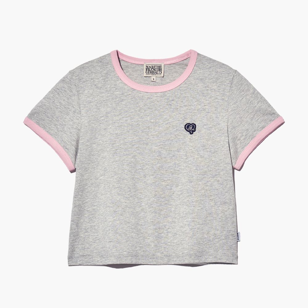 MARITHÉ FRANÇOIS GIRBAUD/ W HEART WAPPEN CROP RINGER TEE 女款 愛心繡標配色短版T恤 淺灰heather gray/ M