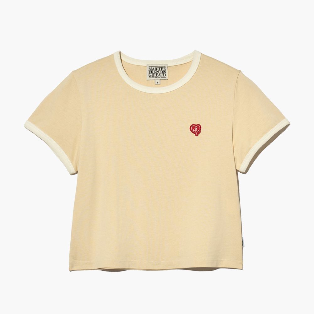MARITHÉ FRANÇOIS GIRBAUD/ W HEART WAPPEN CROP RINGER TEE 女款 愛心繡標配色短版T恤 奶油色butter/ M