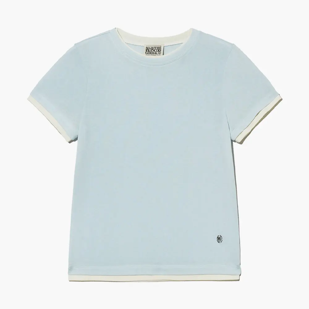 MARITHÉ FRANÇOIS GIRBAUD/ W LAYERED HALF SLEEVE TEE 女款 雙層拼接設計短版T恤 淺霧藍ice blue/ M