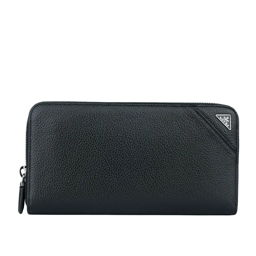 【PRADA】銀色三角牌Logo 粒紋皮革ㄇ型拉鍊長夾(黑色)/ 平行輸入