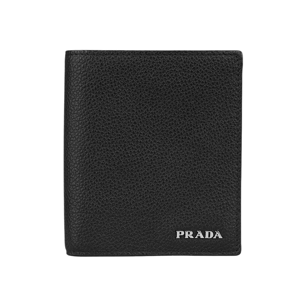 【PRADA】銀字Logo 粒紋皮革短版對開8卡短夾(黑色)/ 平行輸入