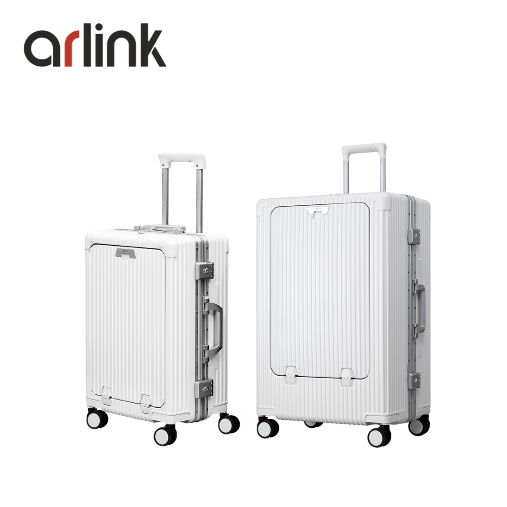 arlink Carry系列 多功能前開獨立款 鋁框純PC 20+28吋組合行李箱 煞車輪/ 月光白