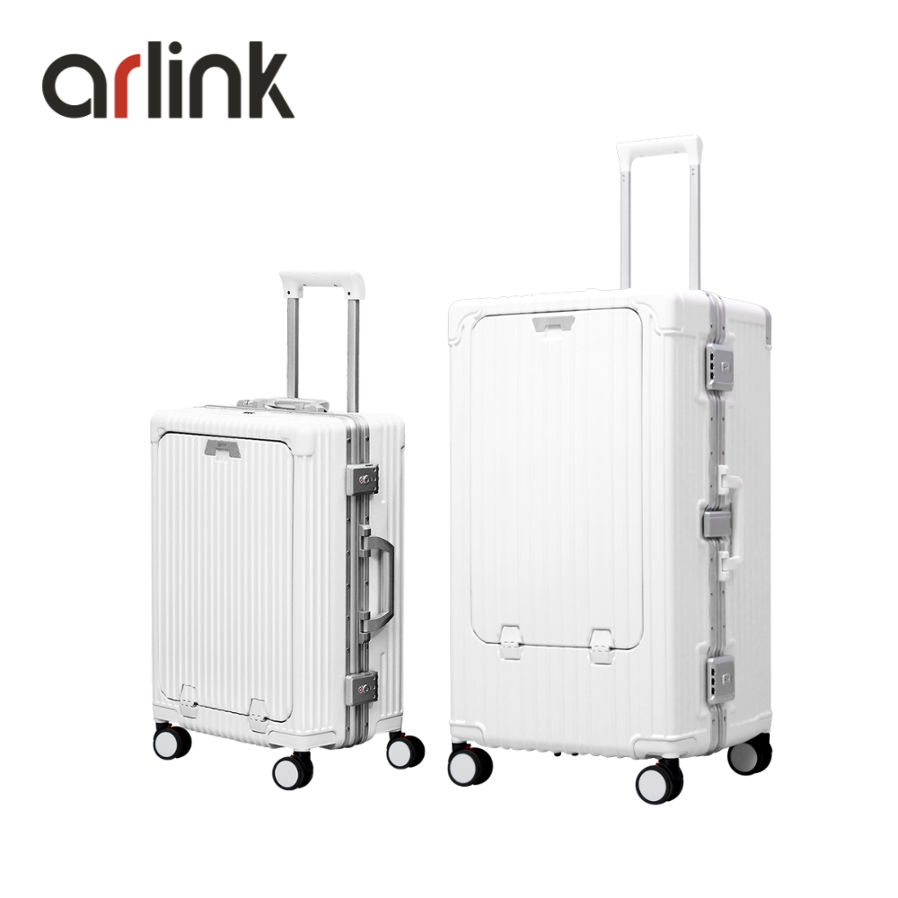 arlink Carry系列 多功能前開獨立款 鋁框純PC 20+30吋組合行李箱 煞車輪/ 月光白