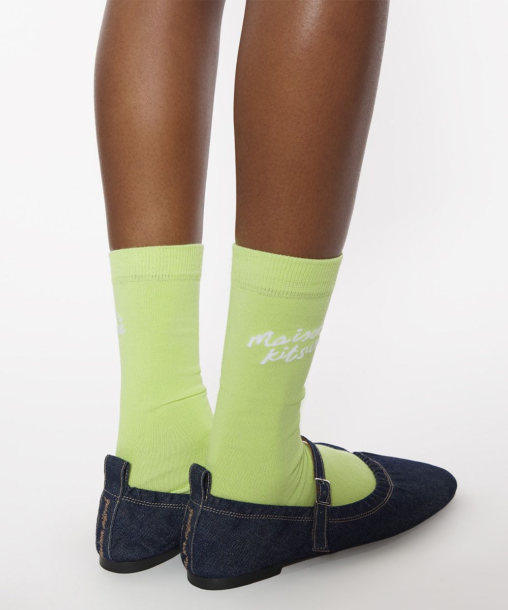 MAISON KITSUNÉ 柚子綠手繪LOGO中筒襪/ 40