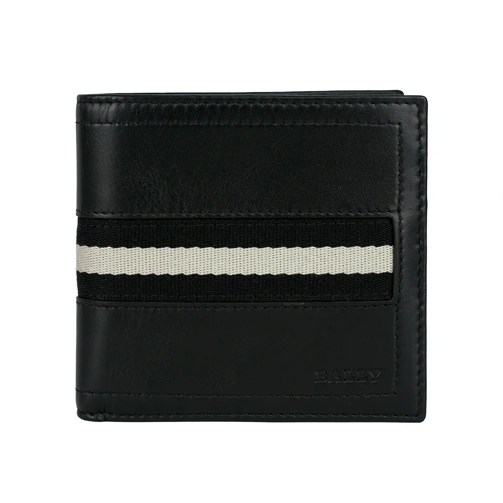 【BALLY】Tollen 黑白織帶小牛皮對開8卡短夾(黑色)/ 平行輸入