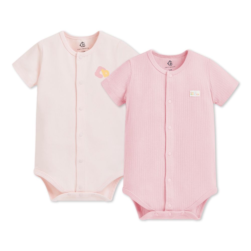 【奇哥】CHIC BASICS系列 嬰幼童裝 短袖前開包屁衣/兔裝2入組/ 淺嫣紅/ 3個月