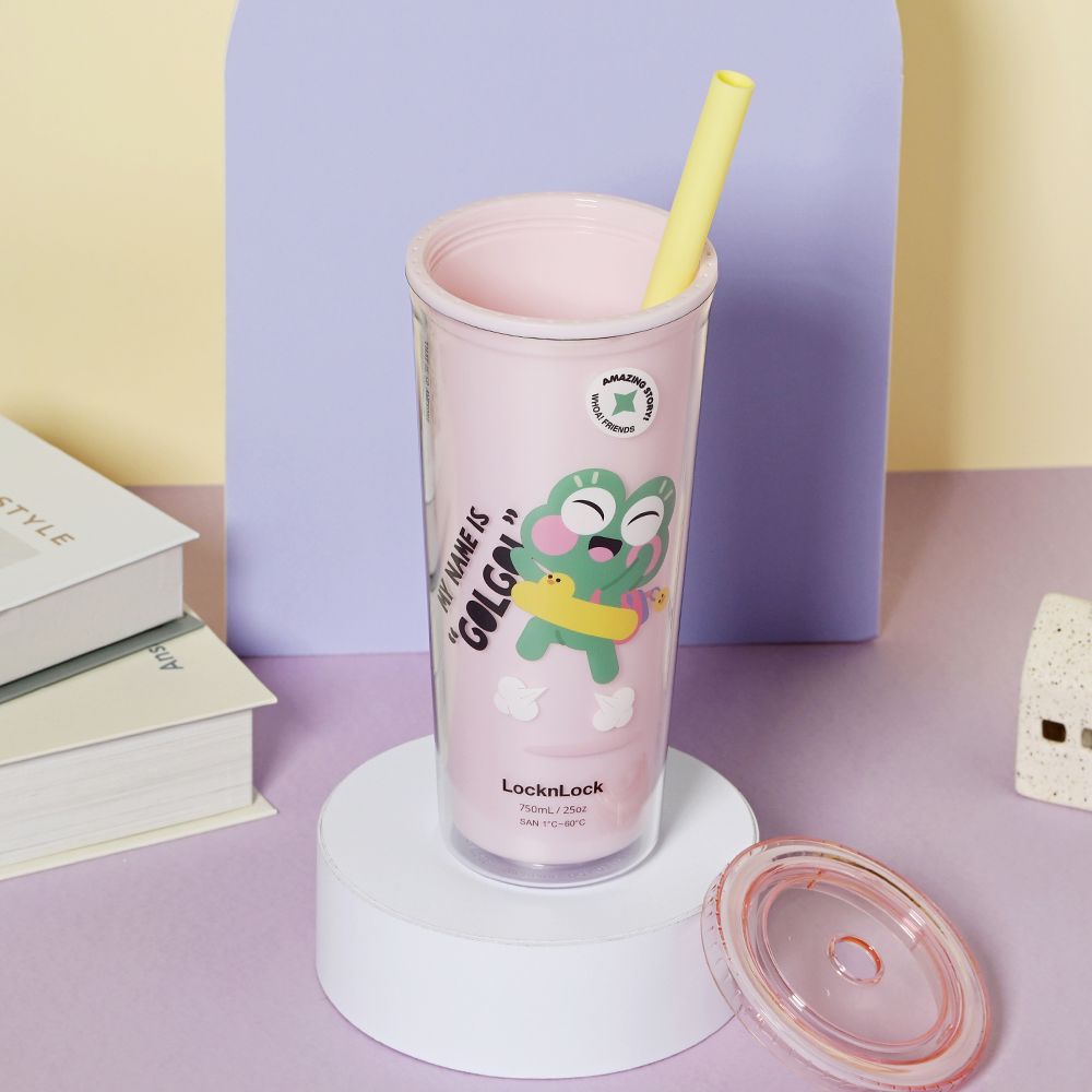 LocknLock樂扣樂扣酷趣珍奶吸管杯/ 750ml/ 開心蛙粉