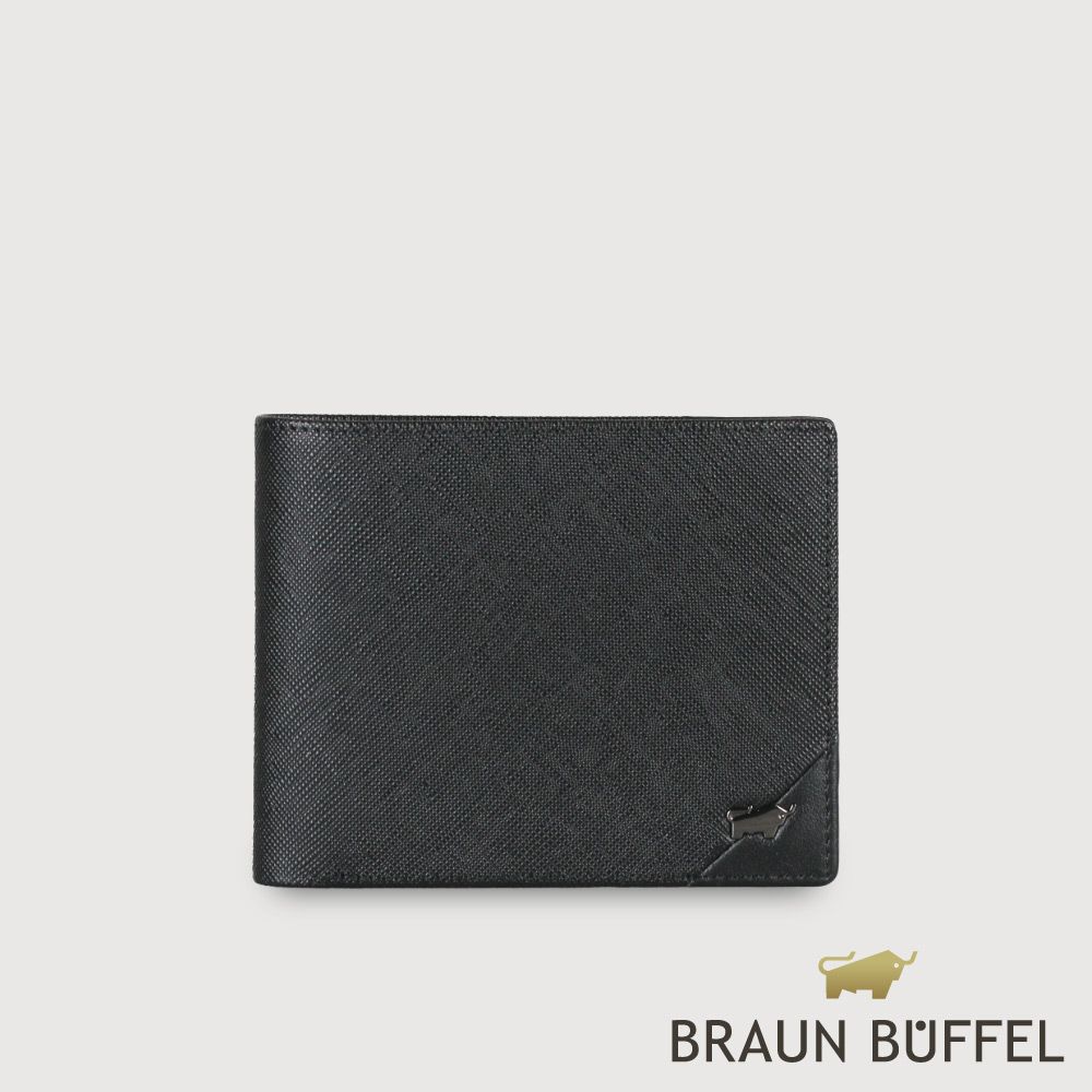 【BRAUN BUFFEL 德國小金牛】台灣總代理 加利恩-A 12卡中間翻透明窗短夾-黑色/BF561-317-BK