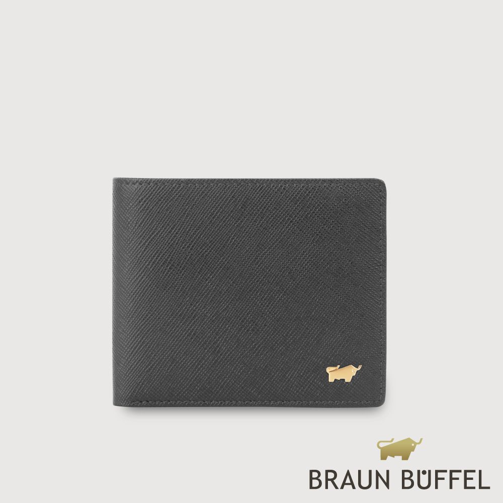 【BRAUN BUFFEL 德國小金牛】台灣總代理 尚恩A 8卡中間翻零錢袋短夾-黑色/BF354-318A-BK