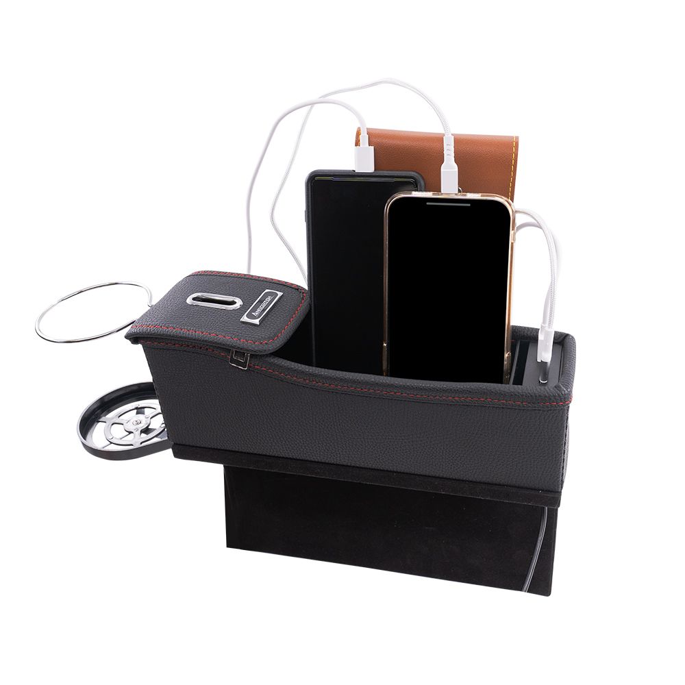 【安伯特】皮革杯架椅縫置物盒-USB Type-C充電-副駕 (座椅置物盒 縫隙置物盒 置物收納盒 零錢盒 水杯架)
