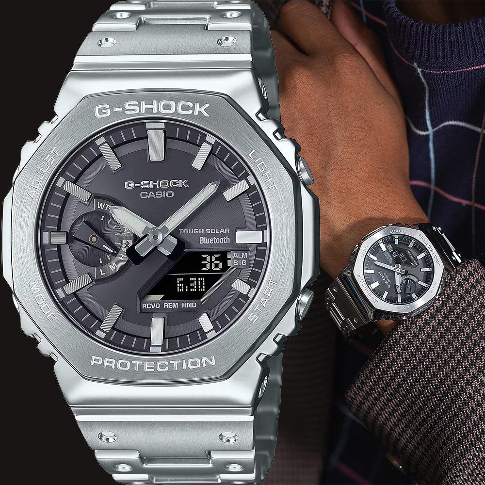 CASIO 卡西歐 G-SHOCK 全金屬八角 雙顯太陽能藍牙手錶 GM-B2100SD-1A