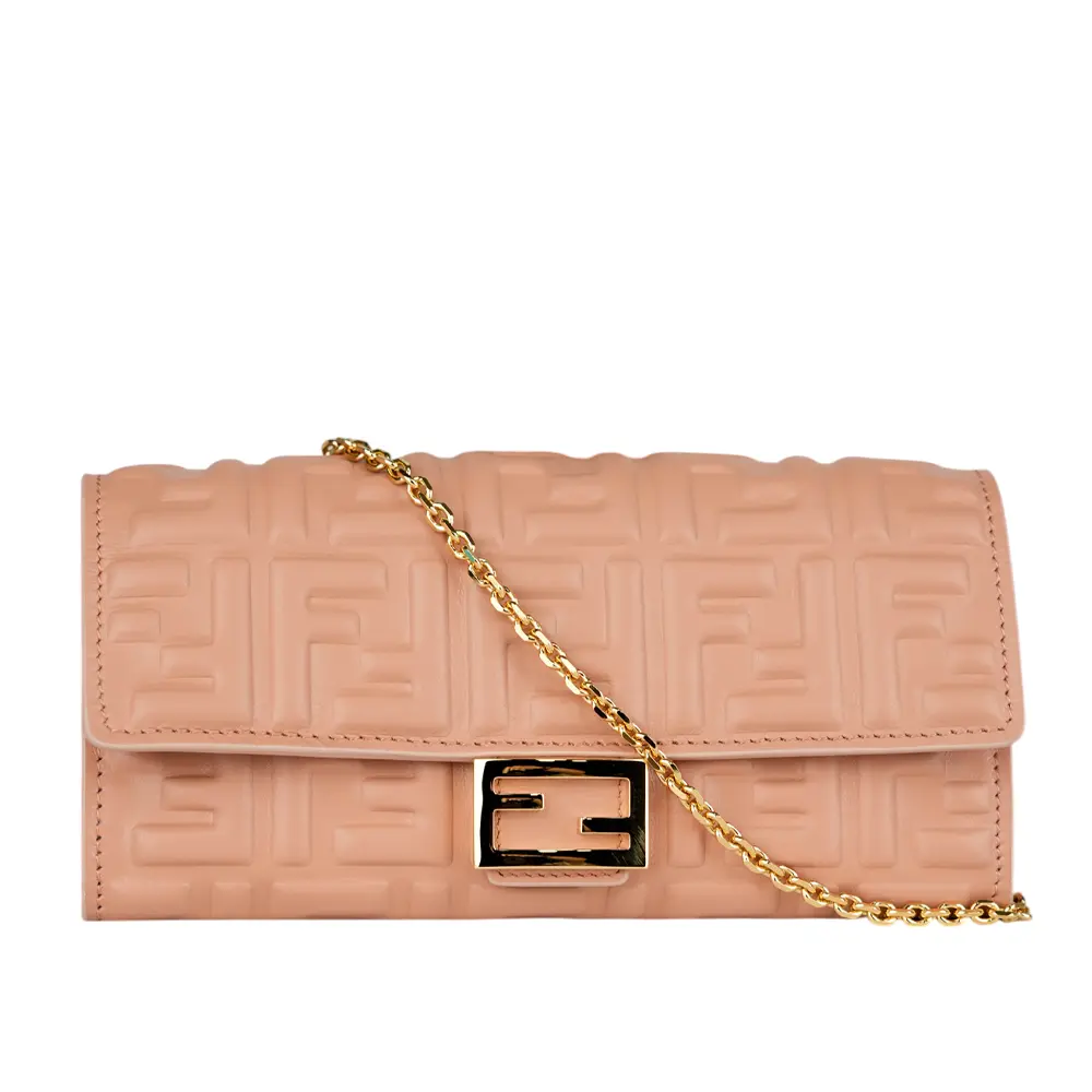 【FENDI】FF Logo壓紋小羊皮鍊帶WOC(粉紅色)/ 平行輸入