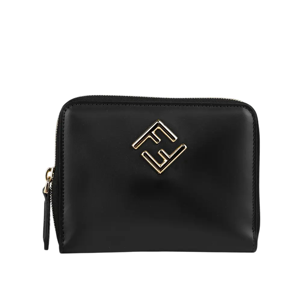 【FENDI】FF Diamonds 素面小牛皮6卡拉鏈短夾(黑色)/ 平行輸入